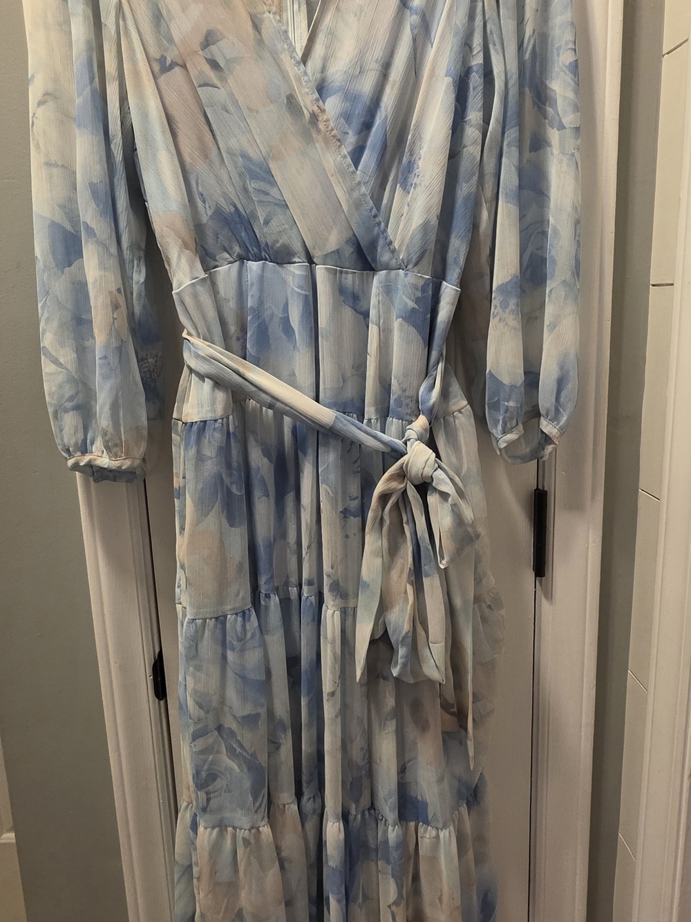 Calvin Klein Light Blue Floral Wrap Maxi Dress with Tie Waist